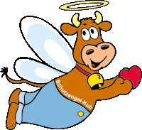 a cartoon cow with angel wings and the words schutzengel-kuh on the bottom