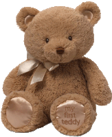 a brown teddy bear with the words " my first teddy " on its paw