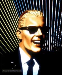 a statue of a man wearing sunglasses and a suit with the words found on cinematerial.com at the bottom