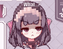 a pixel art drawing of a girl with the words what on the bottom right