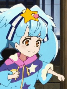 a cartoon girl with blue hair and a star on her head