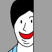 a cartoon drawing of a man with a red smile on his face