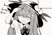 a black and white drawing of a girl with long hair and a hat holding her head .