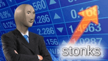 a bald man in a suit and tie is standing in front of a stock chart that says stonks