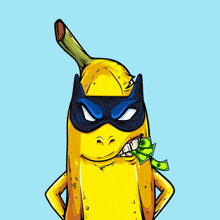 a cartoon of a banana wearing a batman mask and holding a dollar bill