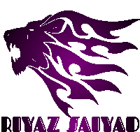 a logo for riyaz jaiyad shows a lion with flames coming out of it 's mouth