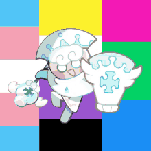 a cartoon character holding a puzzle piece with a rainbow background