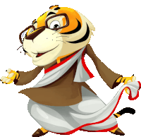 a cartoon of a tiger wearing glasses and a white and red scarf