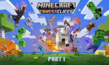 a poster for minecraft caves and cliffs part i shows a bunch of minecraft characters flying in the air .