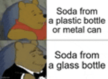 winnie the pooh is wearing a tuxedo and holding a plastic bottle or metal can .