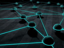 a computer generated image of a network of glowing lines and spheres