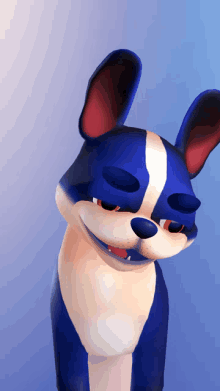 a blue and white cartoon dog is looking at the camera with its eyes closed