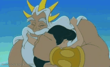 a cartoon of a man with a beard and a crown hugging a woman .