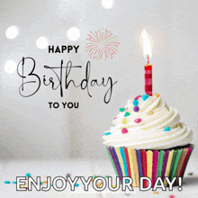 a birthday card with a cupcake with a lit candle and the words happy birthday to you enjoy your day