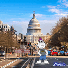 a cartoon character wearing a party hat and a shirt that says ' fool ' stands in front of the capitol building