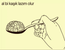 a hand is holding a spoon with a brain in it .