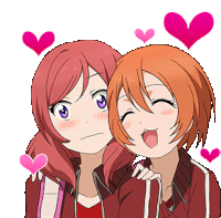 two anime girls are hugging each other with hearts surrounding them