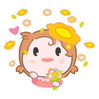 a cartoon girl is holding a bouquet of flowers and has a flower in her hair