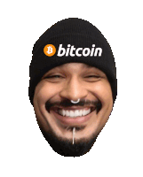 a man wearing a beanie that says bitcoin