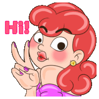 a cartoon drawing of a woman with red hair and pink nails saying hi