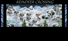 a poster of reindeer crossing in a snowy scene