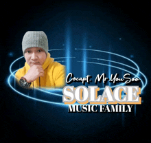 a poster for solace music family with a man in a yellow sweatshirt