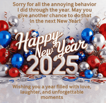 a new year greeting card with balloons and decorations