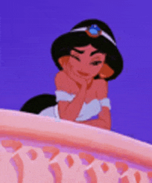 jasmine from aladdin is sitting on a balcony looking down .