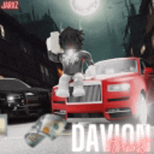 a picture of a person standing on top of a red car with the word davion on the bottom