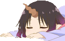 a girl with horns is laying down with her eyes closed and a blanket on her head .