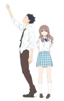 a boy and a girl are standing next to each other and the girl is wearing a blue plaid skirt