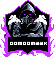 a logo with a person wearing a gas mask and the name gom9om22x on it