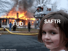 a little girl stands in front of a burning house with fud and saftr written on her face