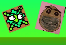 a drawing of a green square and a drawing of a brown object with a face on it .