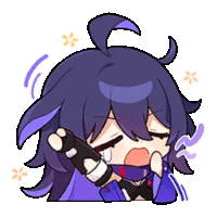 a cartoon character with purple hair is crying and holding a gun in his hand .