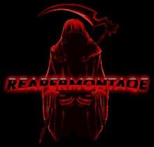 a red grim reaper with a scythe and the words reapermontaoe