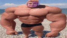 a very muscular man with a purple face and headphones is standing on a beach .