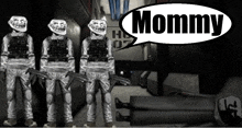 a group of troll soldiers standing next to each other with a speech bubble saying mommy