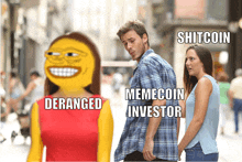 a man and woman are walking down a street with a memecoin investor behind them