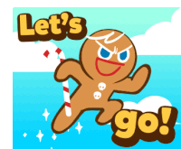 a gingerbread man holding a candy cane and the words let 's go