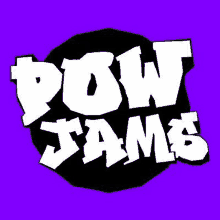 the pow jams logo is on a purple background and looks like a cartoon .