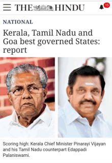 a newspaper article about kerala tamil nadu and goa best governed states report