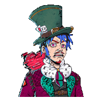 a cartoon drawing of a mad hatter with a broken heart on his shoulder .