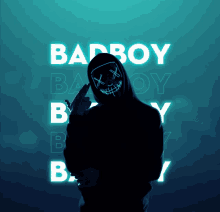 a man wearing a neon mask stands in front of the words bad boy