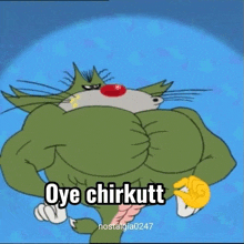 a cartoon cat with big muscles and the words oye chirkutt