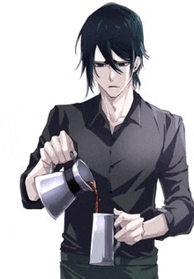 a man in a black shirt is pouring coffee into a mug .