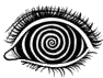 a black and white drawing of a human eye with a spiral in the center .