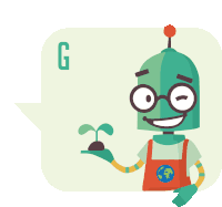 a robot holding a plant with a speech bubble that says " good guy "