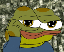 a frog with a blue shirt is surrounded by a pile of money