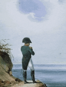 a painting of a man in a military uniform standing on a cliff overlooking the ocean